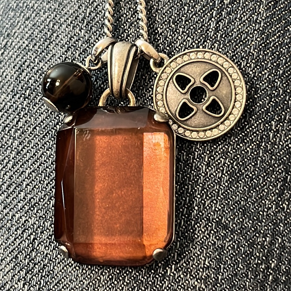 💚FOSSIL 3 pendant antiqued silver tone long chain necklace